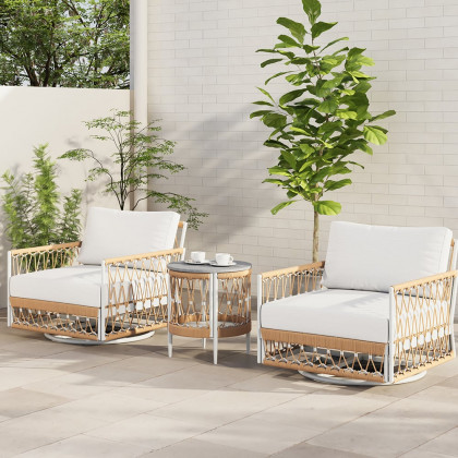 HMR - Ropipe 18.5" Round Outdoor Side Table with Storage Patio Weave Rope End Table in Khaki