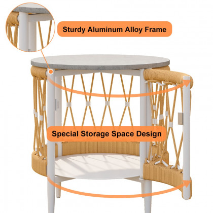 HMR - Ropipe 18.5" Round Outdoor Side Table with Storage Patio Weave Rope End Table in Khaki
