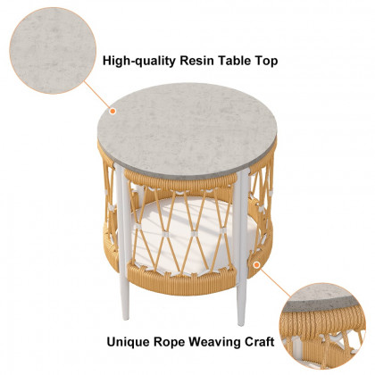 HMR - Ropipe 18.5" Round Outdoor Side Table with Storage Patio Weave Rope End Table in Khaki