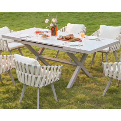 HMR Extendable Marble Outdoor Dining Set with Woven Armchairs (64.2"-84.3") - White, 7-Pieces