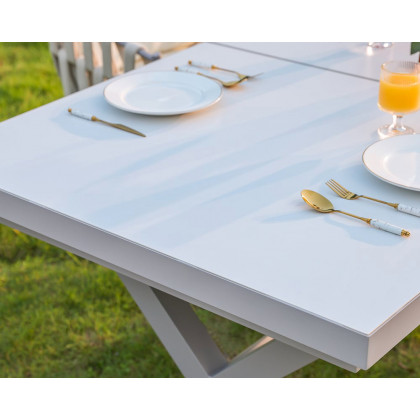 HMR Extendable Marble Outdoor Dining Set with Woven Armchairs (64.2"-84.3") - White, 7-Pieces