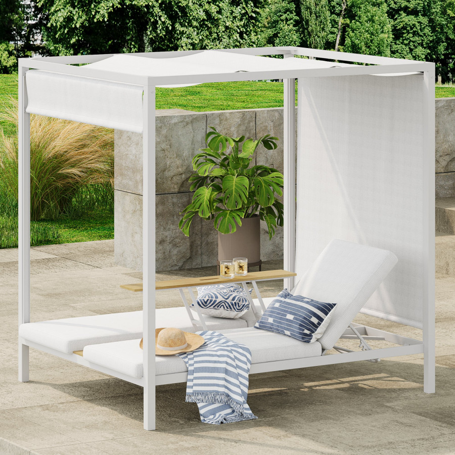 HMR - 2-Person White Aluminum Outdoor Patio Daybed with Canopy & Walnut Lift Top Coffee Table