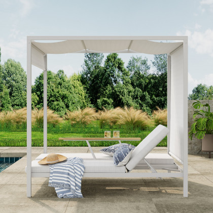 HMR - 2-Person White Aluminum Outdoor Patio Daybed with Canopy & Walnut Lift Top Coffee Table