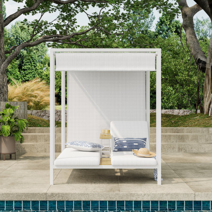 HMR - 2-Person White Aluminum Outdoor Patio Daybed with Canopy & Walnut Lift Top Coffee Table