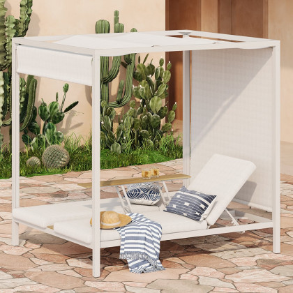 HMR - 2-Person White Aluminum Outdoor Patio Daybed with Canopy & Walnut Lift Top Coffee Table