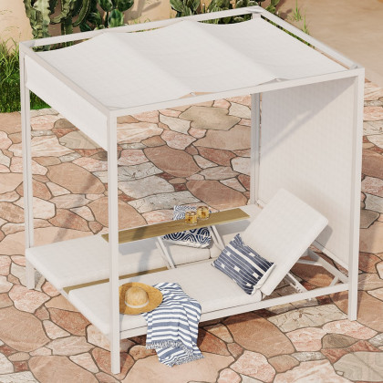 HMR - 2-Person White Aluminum Outdoor Patio Daybed with Canopy & Walnut Lift Top Coffee Table
