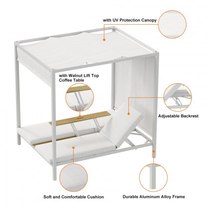 HMR - 2-Person White Aluminum Outdoor Patio Daybed with Canopy & Walnut Lift Top Coffee Table