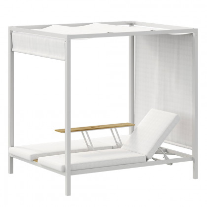 HMR - 2-Person White Aluminum Outdoor Patio Daybed with Canopy & Walnut Lift Top Coffee Table
