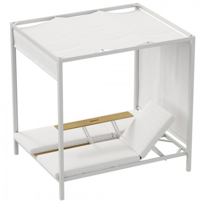 HMR - 2-Person White Aluminum Outdoor Patio Daybed with Canopy & Walnut Lift Top Coffee Table