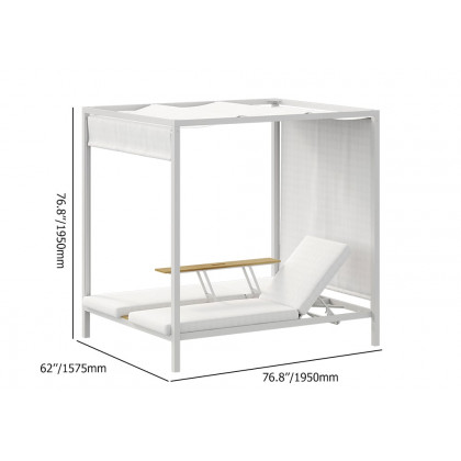 HMR - 2-Person White Aluminum Outdoor Patio Daybed with Canopy & Walnut Lift Top Coffee Table