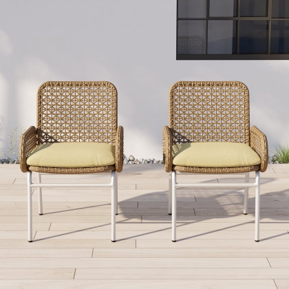 HMR - Modern Aluminum & Rattan Outdoor Patio Dining Chair Armchair in Brown