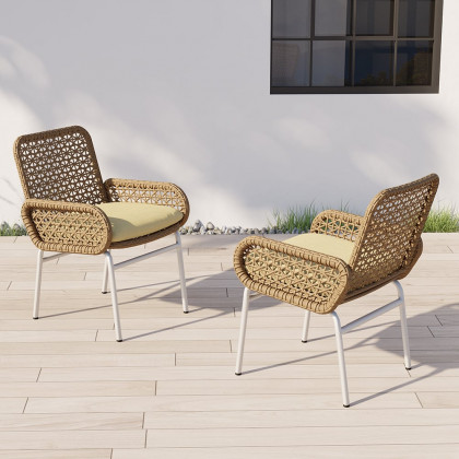 HMR - Modern Aluminum & Rattan Outdoor Patio Dining Chair Armchair in Brown