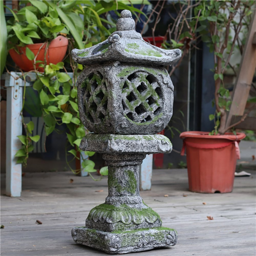 HMR - Outdoor Garden Japanese Solar Lantern Sculpture Concrete Gray Fiberglass Asian Decor