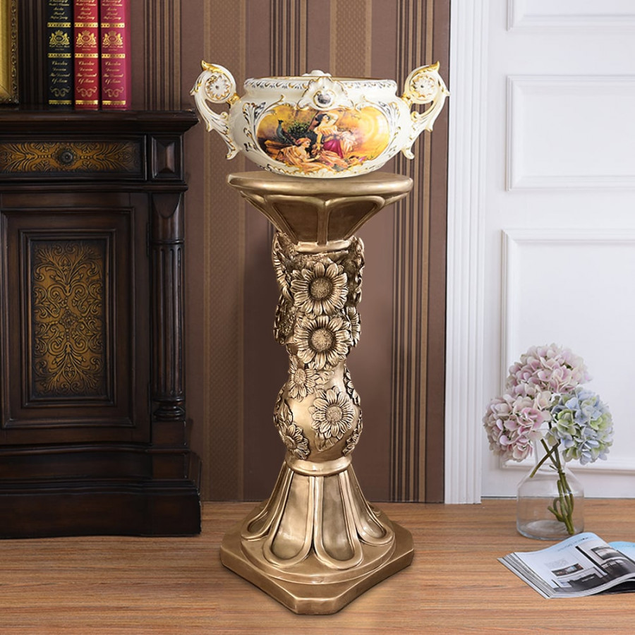 HMR - 29.1" Large Tall Vintage Sunflower Pedestal Plant Stand Indoor Decor Sculpture in Gold