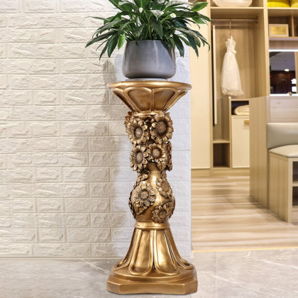 HMR - 29.1" Large Tall Vintage Sunflower Pedestal Plant Stand Indoor Decor Sculpture in Gold