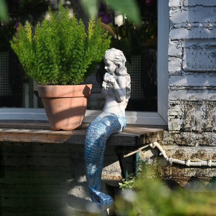 HMR - 25" Outdoor Statues Mermaid Decor White Resin Garden Ornaments Sculpture Decor Art