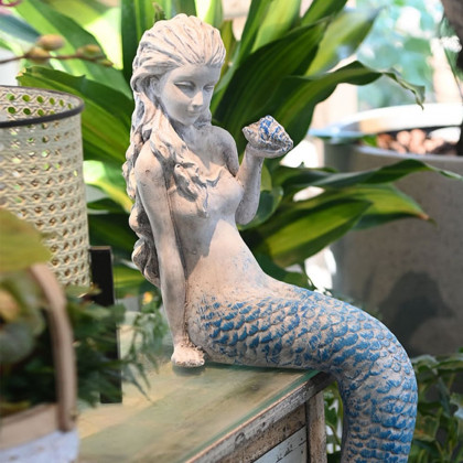 HMR - 25" Outdoor Statues Mermaid Decor White Resin Garden Ornaments Sculpture Decor Art