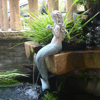 HMR - 25" Outdoor Statues Mermaid Decor White Resin Garden Ornaments Sculpture Decor Art