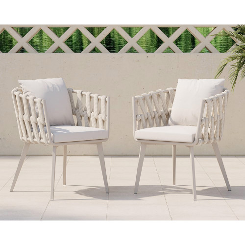 HMR Hand Woven Rope Outdoor Patio Dining Chair with Cushions (Set of 2) - Beige