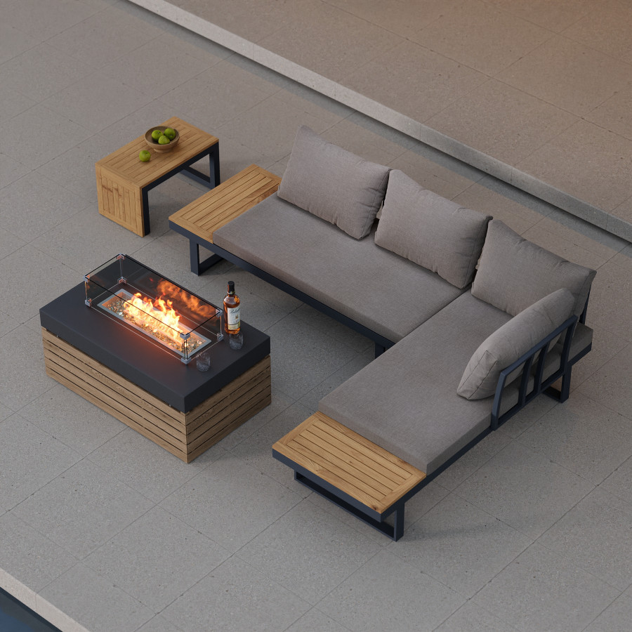 HMR - 4-Pieces Modular L-Shaped Teak Sectional Outdoor Sofa Set with Fire Pit in Gray