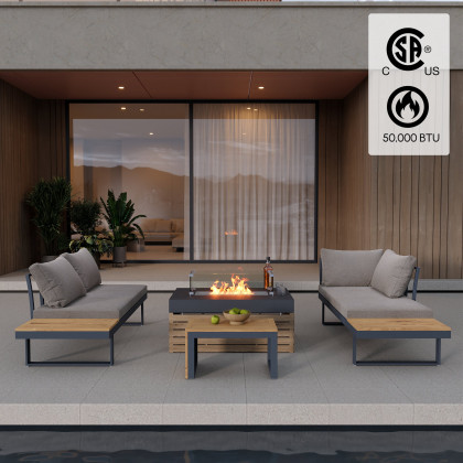 HMR - 4-Pieces Modular L-Shaped Teak Sectional Outdoor Sofa Set with Fire Pit in Gray
