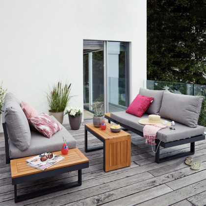 HMR - 4-Pieces Modular L-Shaped Teak Sectional Outdoor Sofa Set with Fire Pit in Gray