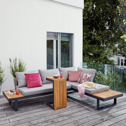 HMR - 4-Pieces Modular L-Shaped Teak Sectional Outdoor Sofa Set with Fire Pit in Gray