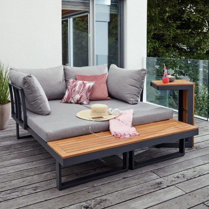 HMR - 4-Pieces Modular L-Shaped Teak Sectional Outdoor Sofa Set with Fire Pit in Gray