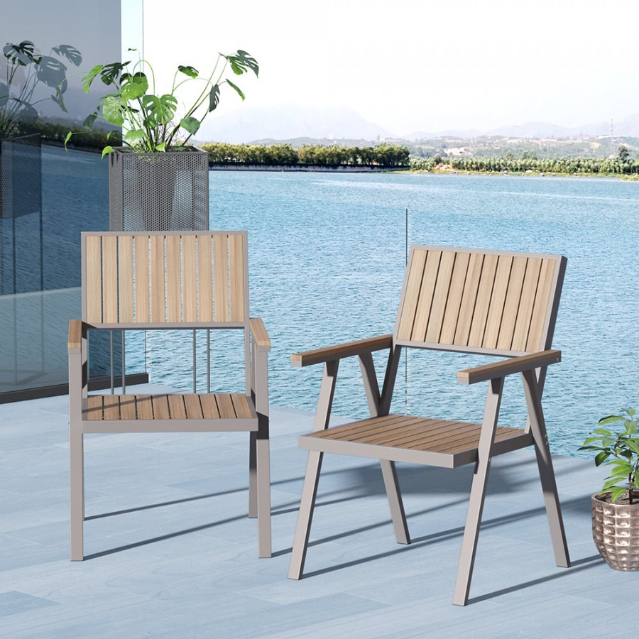 HMR - Modern Aluminum & Wood Outdoor Dining Chair Patio Armchair in Natural & Gray (Set of 2)