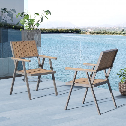 HMR - Modern Aluminum & Wood Outdoor Dining Chair Patio Armchair in Natural & Gray (Set of 2)