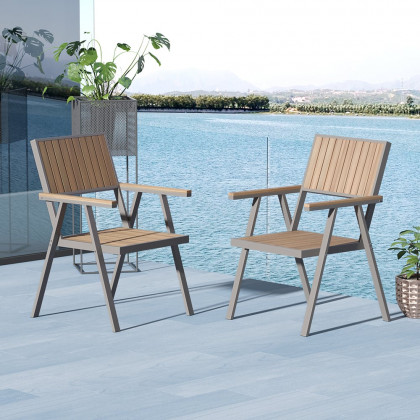 HMR - Modern Aluminum & Wood Outdoor Dining Chair Patio Armchair in Natural & Gray (Set of 2)