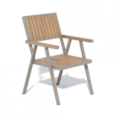 HMR - Modern Aluminum & Wood Outdoor Dining Chair Patio Armchair in Natural & Gray (Set of 2)