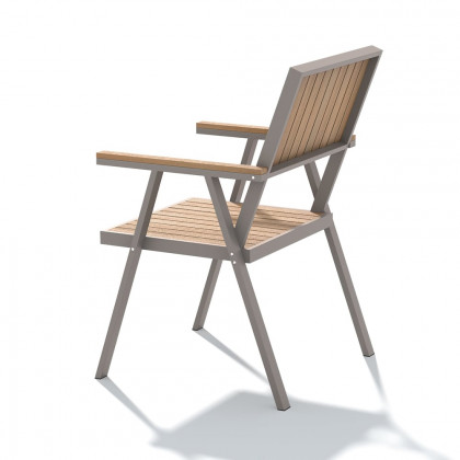 HMR - Modern Aluminum & Wood Outdoor Dining Chair Patio Armchair in Natural & Gray (Set of 2)