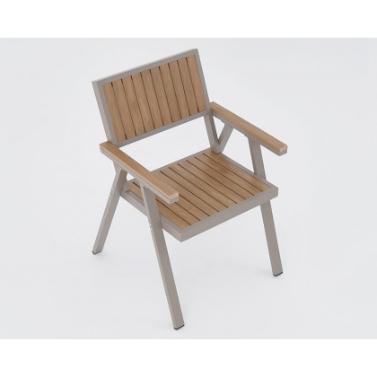 HMR - Modern Aluminum & Wood Outdoor Dining Chair Patio Armchair in Natural & Gray (Set of 2)