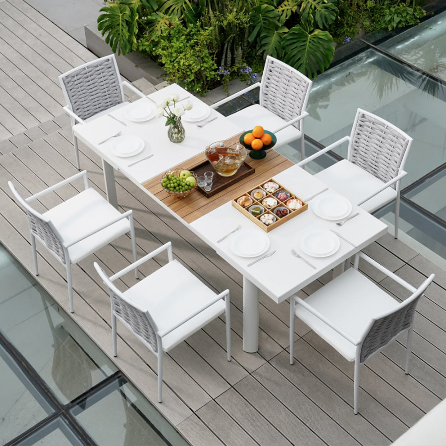 HMR - 7-Pieces Outdoor Patio Dining Set Extendable Aluminum & Wood-Plastic Table & Chairs Set