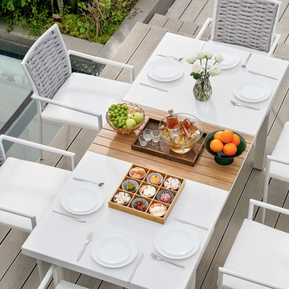 HMR - 7-Pieces Outdoor Patio Dining Set Extendable Aluminum & Wood-Plastic Table & Chairs Set