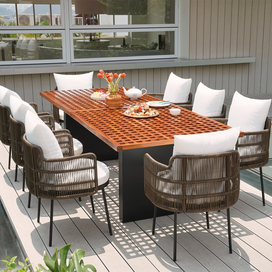 HMR - 9-Pieces 94.5" Outdoor Rectangle Teak Dining Set for 8 Person with 8 Rattan Chairs