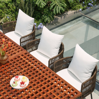 HMR - 9-Pieces 94.5" Outdoor Rectangle Teak Dining Set for 8 Person with 8 Rattan Chairs