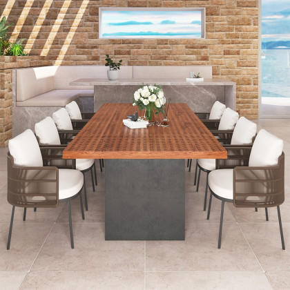 HMR - 9-Pieces 94.5" Outdoor Rectangle Teak Dining Set for 8 Person with 8 Rattan Chairs