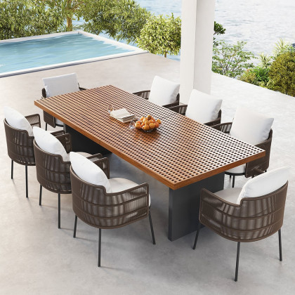 HMR - 9-Pieces 94.5" Outdoor Rectangle Teak Dining Set for 8 Person with 8 Rattan Chairs