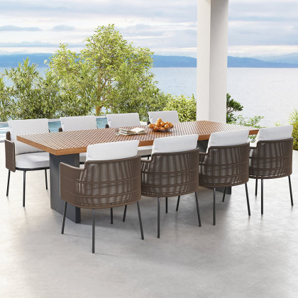 HMR - 9-Pieces 94.5" Outdoor Rectangle Teak Dining Set for 8 Person with 8 Rattan Chairs