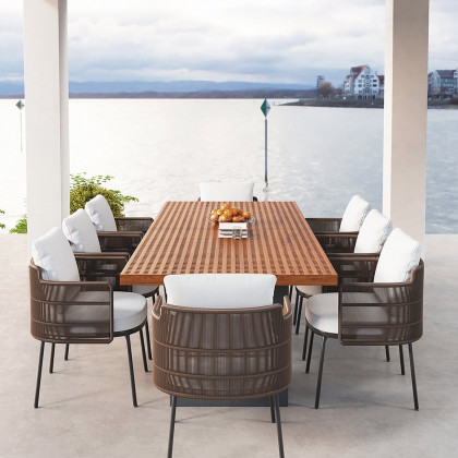 HMR - 9-Pieces 94.5" Outdoor Rectangle Teak Dining Set for 8 Person with 8 Rattan Chairs