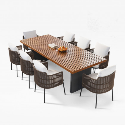 HMR - 9-Pieces 94.5" Outdoor Rectangle Teak Dining Set for 8 Person with 8 Rattan Chairs