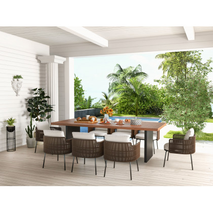 HMR - 9-Pieces 94.5" Outdoor Rectangle Teak Dining Set for 8 Person with 8 Rattan Chairs