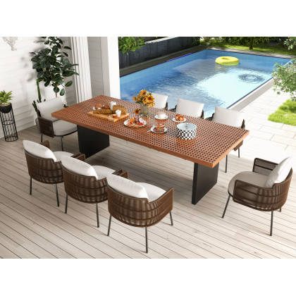 HMR - 9-Pieces 94.5" Outdoor Rectangle Teak Dining Set for 8 Person with 8 Rattan Chairs