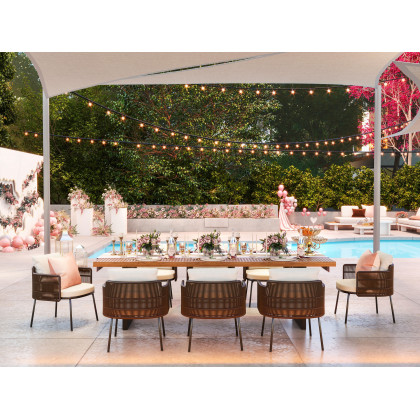 HMR - 9-Pieces 94.5" Outdoor Rectangle Teak Dining Set for 8 Person with 8 Rattan Chairs