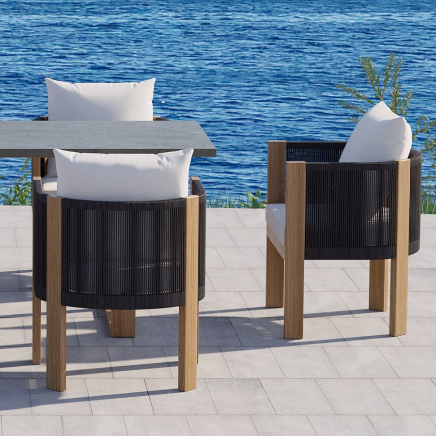 HMR - 2 Pieces Modern Aluminum & Ropes Outdoor Patio Dining Chair Set in Black & Brown