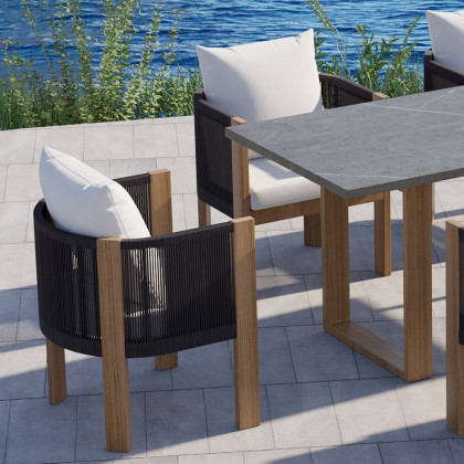 HMR - 2 Pieces Modern Aluminum & Ropes Outdoor Patio Dining Chair Set in Black & Brown