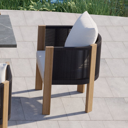 HMR - 2 Pieces Modern Aluminum & Ropes Outdoor Patio Dining Chair Set in Black & Brown