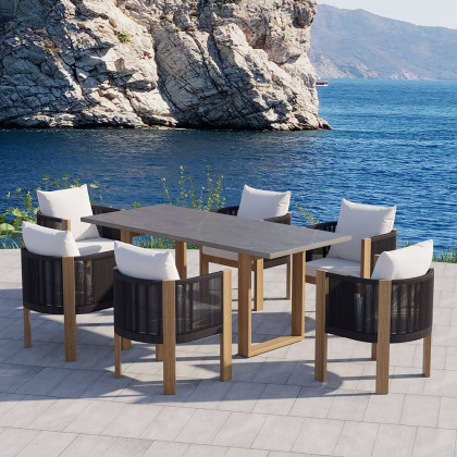 HMR - 2 Pieces Modern Aluminum & Ropes Outdoor Patio Dining Chair Set in Black & Brown